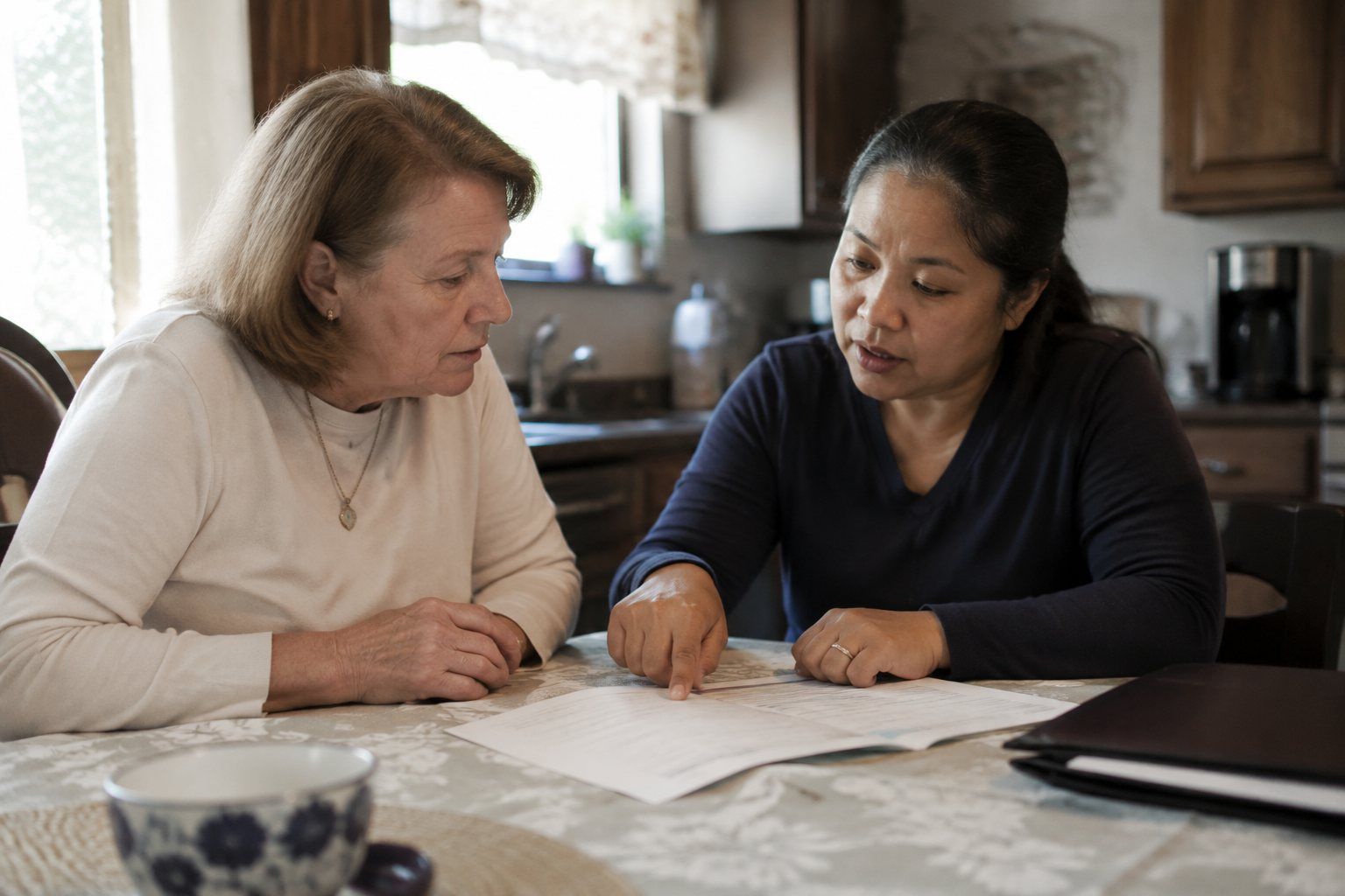 A daughter and a care coordinator going through a printed care plan at a kitchen table