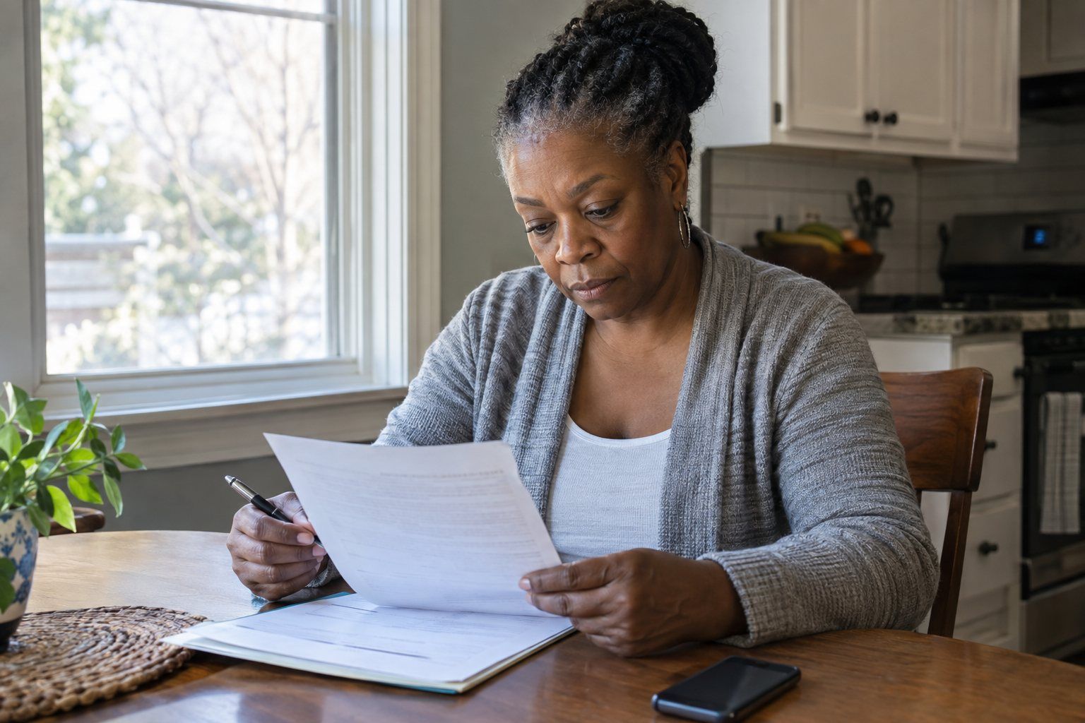 A daughter reading a document carefully at her kitchen table