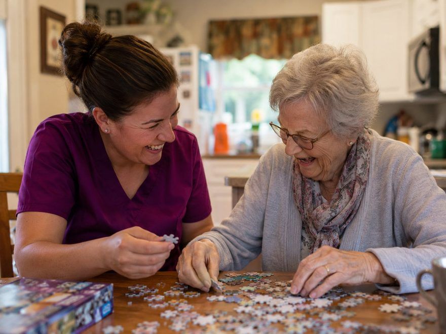 An older woman and caregiver working on a puzzle