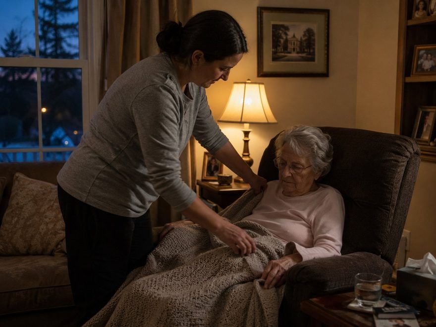 A caregiver settling an older woman in for the evening