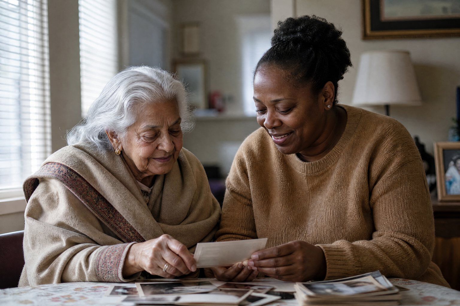 An older woman and her caregiver sorting family photographs together