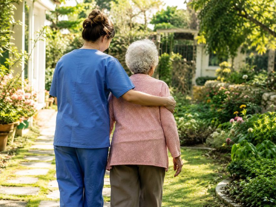 A caregiver walking beside an older woman in her garden