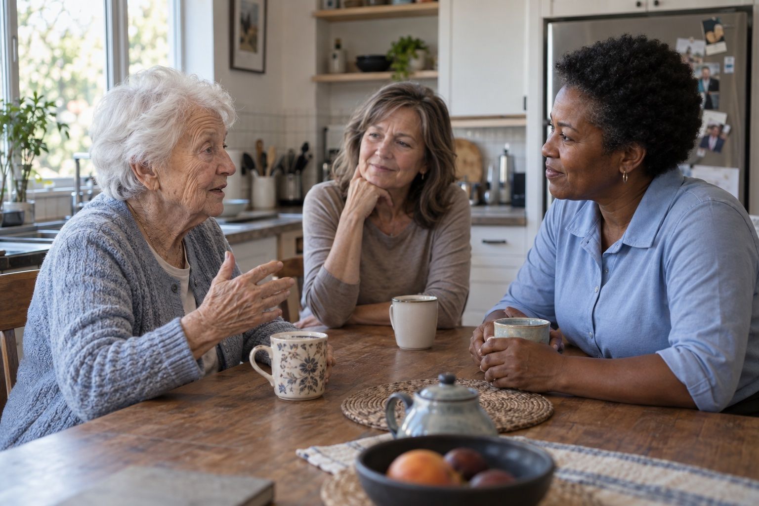 A mother, her daughter and a caregiver around a kitchen table
