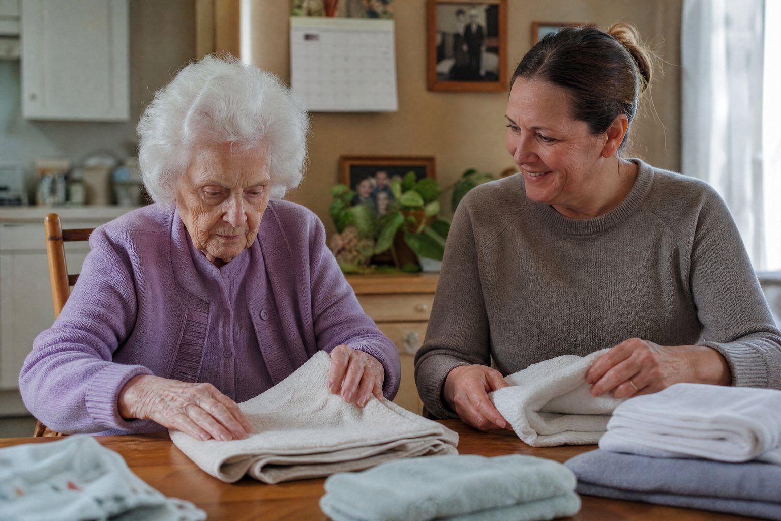 An older woman and her caregiver folding towels together at the kitchen table