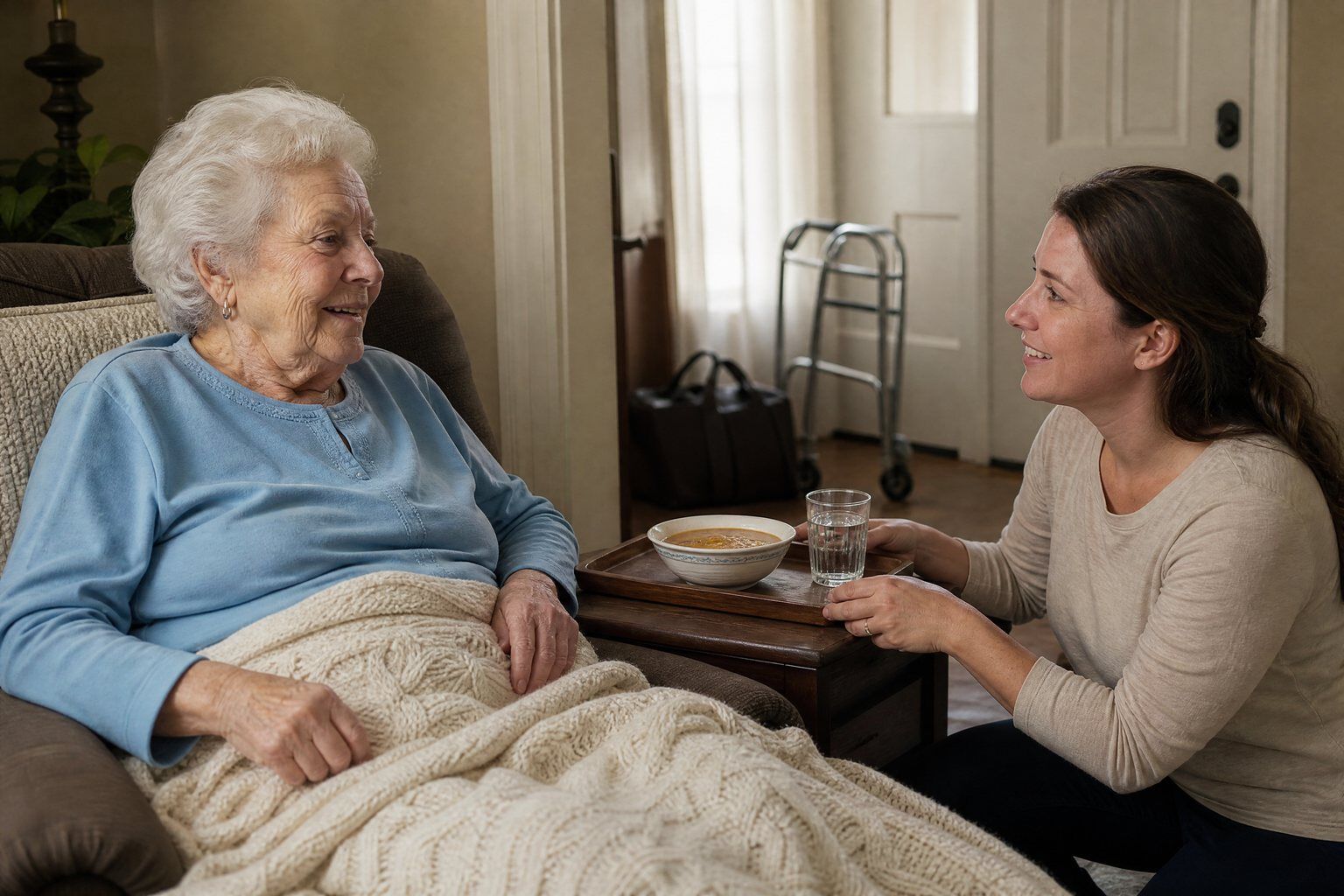 A caregiver bringing soup to an older woman resting at home after a hospital stay